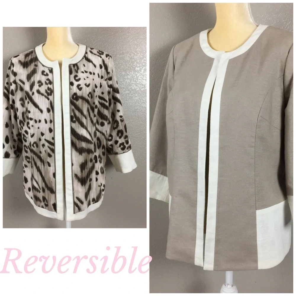 Chicos Reversible Linen Khaki Cheetah Jacket - Picture 1 of 8
